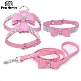 Dog Collars Leashes Pet Chest Harness Rhinestone Bow Small Traction Rope Walking Cat Coleira Para Cachorro Accessories 231009