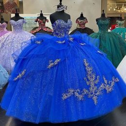 Pluffy Royal Blue Tulle Quinceanera Dresses Sweetheart Ball Gown Sequins Princess Prom Party Gowns Sweet 16 Girls Formal Event Dress Lace Appliques Back Lace-up