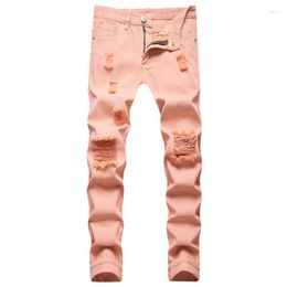 Men's Jeans High Street Men Pink Ripped Loose Denim Trousers Casual Straight Frayed For Man Large Size 42