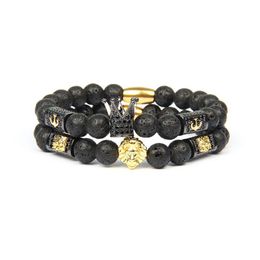 New Classic Lion Beaded Bracelets Bangle Whole Gold Stainless Steel Tube With 8mm Natural Lave Stone Beads Men CZ Crown Bracel275G
