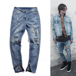 High Street Washed Destroyed Jean Upper Body Hole Inside Zipper Men's Self-cultivation Jeans Knee Moustache Effect1288a