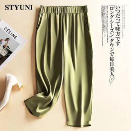 Women's Pants Acetate Silky Soft Solid Casual Elastic High Waist Wide-Leg Loose Korean Fashion Ankle-Length For Women 2023