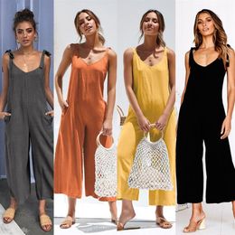 Women Summer Loose Jumpsuit Dungarees 2019 Sexy Deep V-Neck Backless Romper Ladies Strap One-Piece Wide Leg Pants Playsuit243o