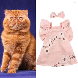 Cat Costumes Pet Summer Dress Cotton Dog Clothes Extra Soft Attractive Floral Print With Bow-knot Headwear Supplies