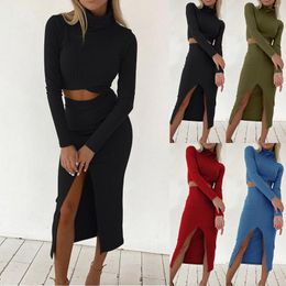 Work Dresses Women's Sexy Solid Colour Slim Fit Skirt Two Peice Suit Turtleneck Long Sleeve Top High Waist Hip Split Half Body Set