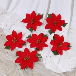 Decorative Flowers 12cm Artificial Fake Silk Poinsettia Red Flower Heads With Leaf Christmas For Diy Xmas Bouquet Wall Decoration