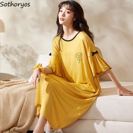 Women's Sleepwear Nightgowns Women Short Sleeve Night Dress Print Sweet Loose Mid-calf Length Summer Casual Korean Modal Comfort Lace
