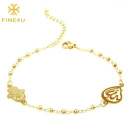 Charm Bracelets FINE4U B228 Stainless Steel Muslim Hamsa Charms Bracelet 3mm Gold Color Beads Islam Koran Rosary Jewelry For Women2520