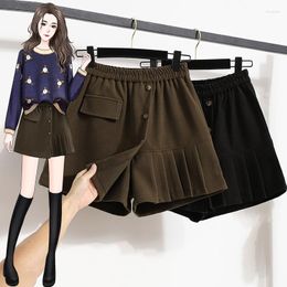 Women's Shorts Pleated Buttons Woolen Skirts Women High Waist Wide Leg Pants Female Autumn Loose Casual Mujer Pantalones Black