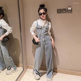 Clothing Sets 2023 Korean Spring Autumn Children 2Piece Girl O-neck Tops Girl's Shirt Toddler Denim Strap Pants For 2 Pieces