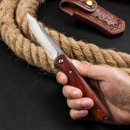 H1087 Flipper Folding Knife Damascus Steel Drop Point Blade Rosewood Handle Outdoor EDC Pocket Folder Knives with Leather Sheath