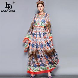 LD LINDA DELLA Fashion Runway Maxi Dress 5XL Plus size Women's Loose Flare Sleeve Animal Pattern Floral Print Vintage Long Dr224S