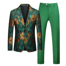 Men's Suits Fashion Men Flower Suit 2 Piece Black / Green Yellow Wedding Prom Party Luxury Jacquard Blazer Jacket And Trousers
