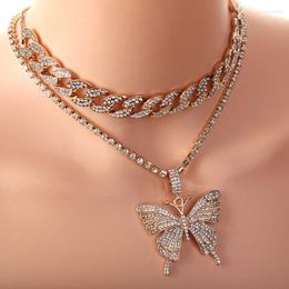 Chains Punk Shiny Zircon Big Butterfly Pendant Necklace Glam Set Cuban Link Chain Women Bling Statement Jewelry