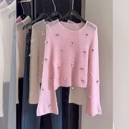 Top maglione lavorato a maglia sottile a maniche lunghe con patchwork di strass eleganti di lusso delle nuove donne autunnali SMLXL