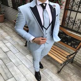 Latest Design Blue 3 Pieces Men Suit Prom Tuxedo Slim Fit Notch Lapel Groom Wedding Suits For Men Custom Blazer Terno Masuclino235C