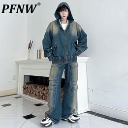 Men's Tracksuits PFNW Dyed Hooded Denim Jackets Multi Pocekts Jeans Male Casual 2 Piece Sets Wide Leg Trousers Autumn 2023 Chic 28W1526