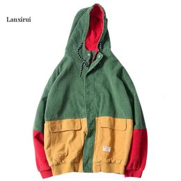 Men's Jackets Colour Block Patchwork Corduroy Hooded Jackets Men Hip Hop Zipper Up Hoodies Coats Male Casual Streetwear Outerwear 231009