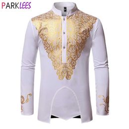 Luxury Metallic Gold Print African Man Clothing Agbada Kaftan Attire White Wedding Mens Dress Shirts Nehru Collar Dashiki Shirt Me275F