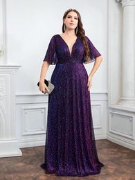 Plus Size Dresses Sequin Evening Dress For Wedding Bridesmaid Female Purple Plunging Neck Butterfly Sleeve Glitter Party Lady