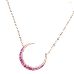 Chains Fashion Women Girl Necklace With Pink White Cubic Zirconia Crescent Moon Charm Rose Gold Colour