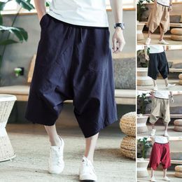 Men's Pants Stylish 3/4 Trousers Large Pockets Men Capri Solid Colour Drawstring Baggy