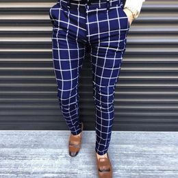 Men Casual Business Trousers Pants Slim Fit Plaid Print Zipper Long Fitness Men's256k