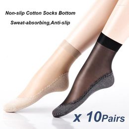 Women Socks 10Pairs Silky Anti-Slip Cotton Sole Sheer Ankle High Tights Hosiery Reinforced Toe Velvet Silk Sock Bottom