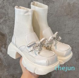 Women Ankle Sock Winter Fashion Knitting Bow Pearl Casual Shoes Flat Platform Oxfords Rubber