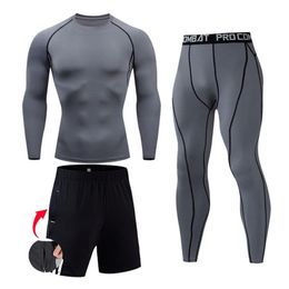 Men Compression set MMA Long Sleeve T-shirt Men's Tight Pants Fitness Bodybuilding Clothes Skull Top Rashguard Sport Suit Men235N