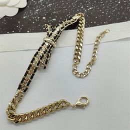 2023 Luxury quality charm choker Knot shape pendant necklace with diamond and black genuine leather have box stamp in 18k gold pla248Z