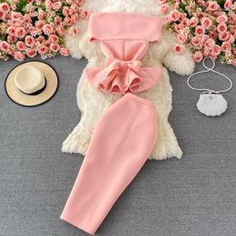 Work Dresses Bodycon Streetwear Fashion Ruffles Slim Fit Top Two Piece Set High Waist Medium Length Buttocks Wrapped Skirt 2023