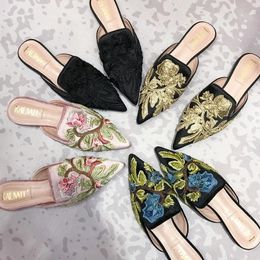 Slippers Fashion 3d Embroidery Mules Women Fur Slippers Velvet Shoes Ladies Low Heel Flower Decoration Sandals Women's Flip Flops 41 Size 231009