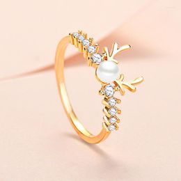 Cluster Rings 2023 Antler Ring Female Creative Gold-plated Color Inlaid Zircon Pearl For Women Engagement Wedding Jewelry Christmas Gift