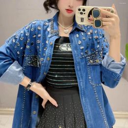 Women's Blouses Spring Autumn Women Diamonds Beaded Denim Shirts Coat Rhinestones Blue Jeans Blouse Jacket Crystal Cowboy Cardigan Gemstone