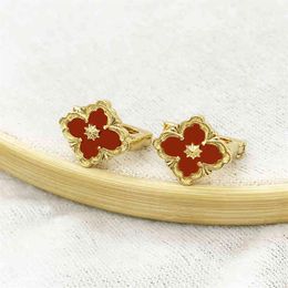 2022 Vintage Solid Color Lucky Four Leaf Clover Charm Earrings For Women Copper Ear Studs Jewelry Luxury Gift291n