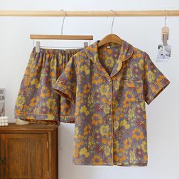 Women's Sleepwear Cotton Summer Pyjamas 2 Piece Set Vintage Flower Print Nightwear Short Sleeve Casual Loose Homewear