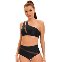 Women's Swimwear Black Mesh Spliced Swimsuit Women 2023 High Waist 2-piece Bikini Single Shoulder Bathing Suit Summer Backless Beach