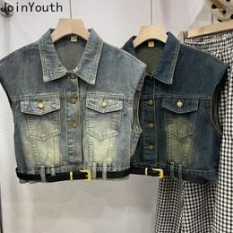 Women's Vests Vintage Sleeveless Women Denim Vest Jackets 2023 Ropa Mujer Fashion Streetwear Waistcoat Crop Tops Casual Tanks 7m017