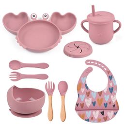 Cups Dishes Utensils 9Pcs Baby Silicone Non-Slip Suction Bowl Plate Spoon Waterproof Bib Cup Set Baby Crab Dishes Food Feeding Bowl for Kids BPA Free 231006