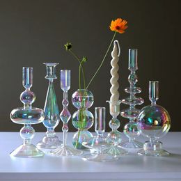 Decorative Objects Figurines Luxury Iridescent Candle Holders Decor for Table Nordic Rainbow Vase Flower Home Decoration Glass Candlestick Wedding 231009