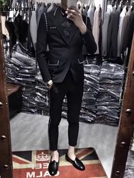 Men's Tracksuits Mauroicardi Fall Cool Fitted Studded Black Suits For Men Slim Fit Fashion 2 Piece Set 2023 Single Breasted High Quality