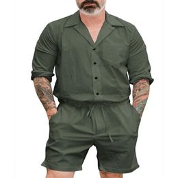 New Men's Summer Jumpsuit Cargo Short Pants Set Male Short Sleeve Overalls Mens Rompers Single Breasted Jumpsuits3154
