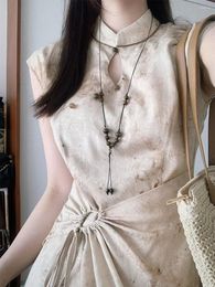 Ethnic Clothing Beige Chinese Style Women Vintage Cheongsam Sleeveless Summer Dress Designer-look Elegant Qipao S To XXL