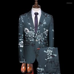 Men's Suits Casual Fashion Versatile Floral Business Suit Nightclub Bar Performance Host Wedding Two-piece Set