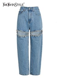 Women's Jeans TWOTWINSTYLE Embroidered Flares Jeans For Women High Waist Patchwork Button Hollow Out Summer Wide Leg Pants Female Fashion 231009