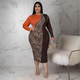 Plus Size Dresses 2022 Women Leopard Patchwork Long Sleeve O-neck Bodycon Midi Maxi Dress Clothing253p