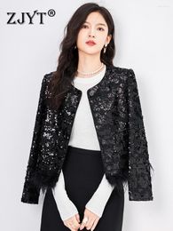 Women's Jackets ZJYT Luxury Sequined Black Tweed Woollen Jacket For Women 2023 Autumn Winter Feather Patchwork Coats Party Outerwear Veste