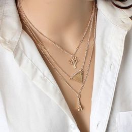 Pendant Necklaces Steampunk Chain Multi Layer Necklace Gold-Color Maxi With Tower Tree Triangle Charm Statement Collier