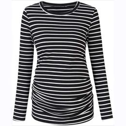 Maternity Tops Tees Maternity Pregnant Mother T-shirt Striped Long Sleeve Nursing Wear Autumn Simple Fashion Round Neck Tops Breastfeeding Clothes 231006